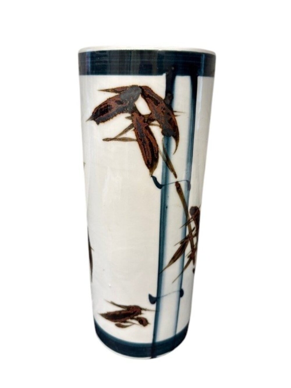 Vintage Japanese/Asian Style Hand-Painted Ceramic Bamboo Vase 9.25"